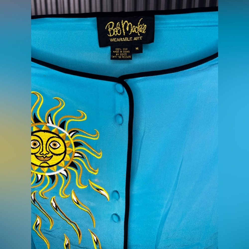 Womens Bob Mackie Blue Silk Geometric Button Down Long Sleeve Blouse Size Medium - Picture 3 of 5